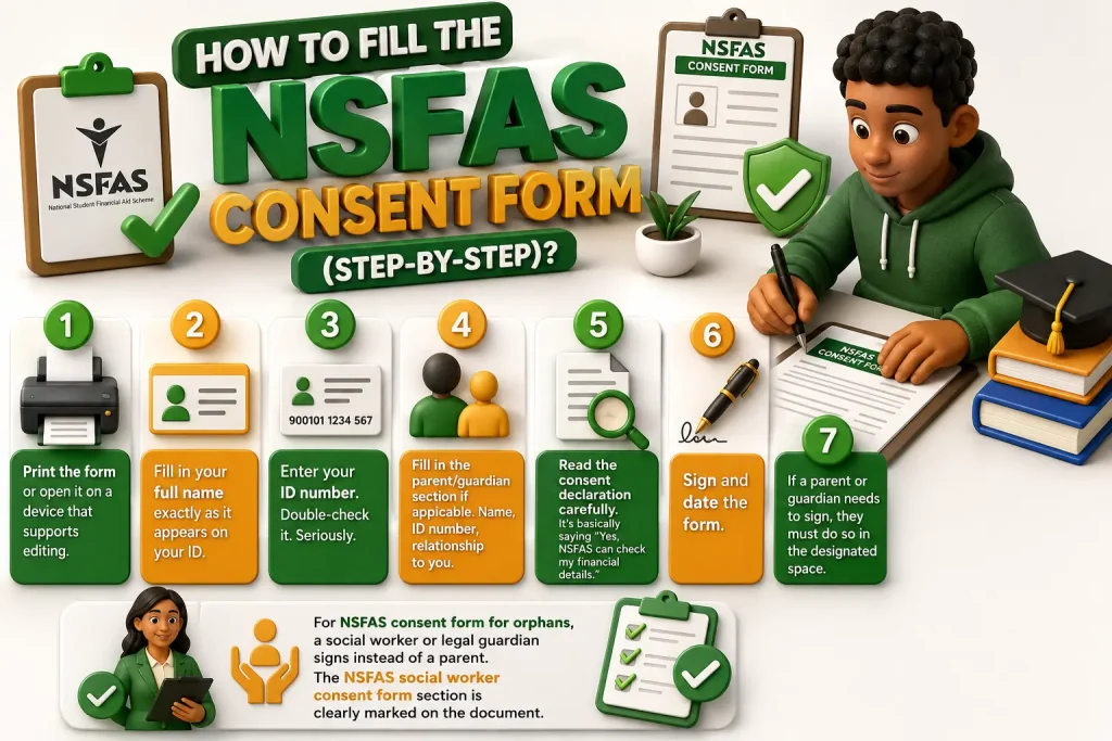 How to Fill the NSFAS Consent Form (Step-by-Step)
Filling this thing out isn't rocket science, but one mistake can delay your funding for weeks. Here's exactly how to fill nsfas consent form correctly
Step 1 Print the form or open it on a device that supports editing.
Step 2 Fill in your full name exactly as it appears on your ID.
Step 3 Enter your ID number. Double-check it. Seriously.
Step 4 Fill in the parentguardian section if applicable. Name, ID number, relationship to you.
Step 5 Read the consent declaration carefully. It's basically saying Yes, NSFAS can check my financial details.
Step 6 Sign and date the form.
Step 7 If a parent or guardian needs to sign, they must do so in the designated space.
For nsfas consent form for orphans, a social worker or legal guardian signs instead of a parent. The nsfas social worker consent form section is clearly marked on the document.